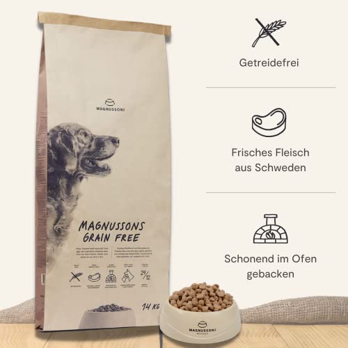 MAGNUSSONs Grain Free (1 x 14kg) - Getreidefreies Hundetrockenfutter für Erwachsene Hunde Aller Rassen - Alleinfuttermittel - Hoher Anteil an frischem Fleisch, Ofengebacken
