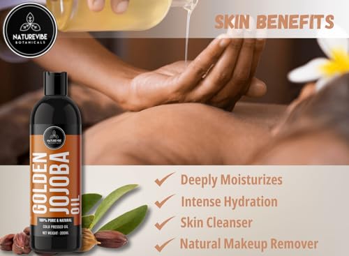 Image of Naturevibe Botanicals Golden Jojoba Oil 200ml | Pure Jojoba Oil for Face, Hair & Body Massage with Vitamin E | Natural & Unrefined For Men & Women