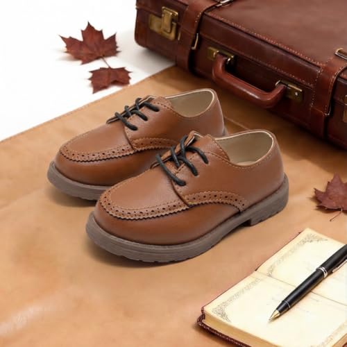 Image of Meckior Toddler Boys Girls Dress Shoes Little Kid Oxford Shoes Wedding Church Dress Shoes PU Leather Lace Up School Uniform Loafer Flats