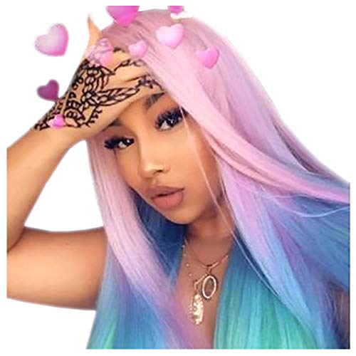 STfantasy Roze Ombre Blauw Groen Vrouwen Pruiken Lange Rechte Laag Synthetisch Haar voor Meisjes Dames Dames Cosplay Anime Kostuum Feest Carnaval