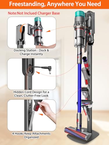 Image of Vacuum Stand for Dyson Gen5 V15 V12 V11 V10 V8 V7 V6 - Stable Metal Holder w /Hidden Cord Management & 4 Hooks, Storage Rack for Dyson Cordless Vacuum & Accessories, Easy Assembly, Dark Gray