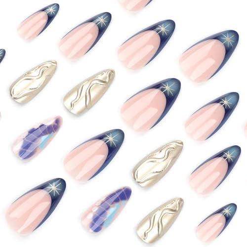 Image of Stiletto Press on nails French Tip Fake Nails with 3D Line Design Bronze Colour Glue on Nails Star Stick on Nail Artificial Acrylic Full Cover Medium Blue False Nail for Women Manicure 24Pcs