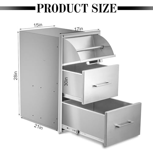 Image of Outdoor Kitchen Drawers with Paper Towel Holder,Stainless Steel Double BBQ Drawer, 17 inch W x 30 inch H x 21 inch D Flush Mount Access Drawer for Outdoor Kitchen,BBQ Island