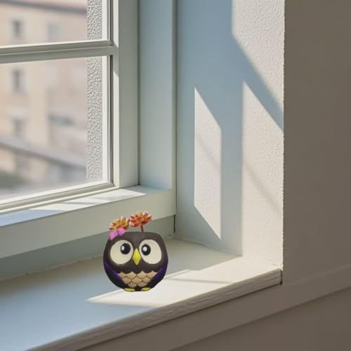 Small purple owl keepsake displayed on a sunlit windowsill.
