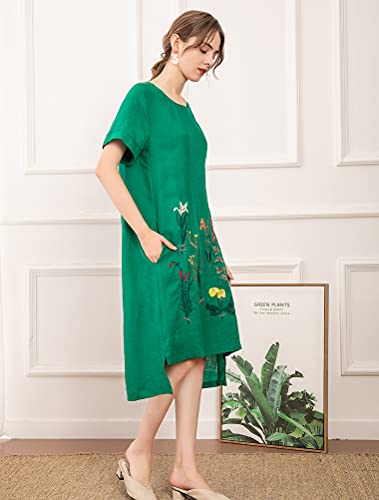 FTCayanz Women's Summer A-Line Embroidered Linen Dress Hi Low Long Tunic Green XX-Large