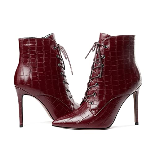 Mettesally Women's Ankle Boots Pointed Toe Stiletto High Heels Lace Up Boots Side zipper Short Boots Chic Booties4