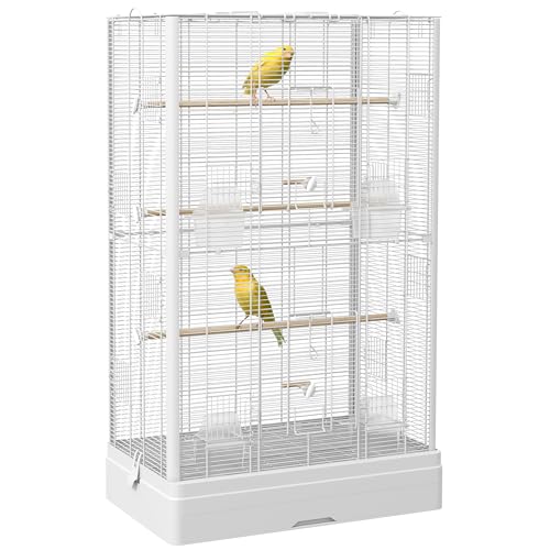 PawHut Jaula para Pájaros 61x36,5x98 cm Pajarera con Puertas Perchas Bandeja Extraíble Cajas de Comidas y Asas Jaula para Ninfas Periquitos Pinzones Canarios Blanco