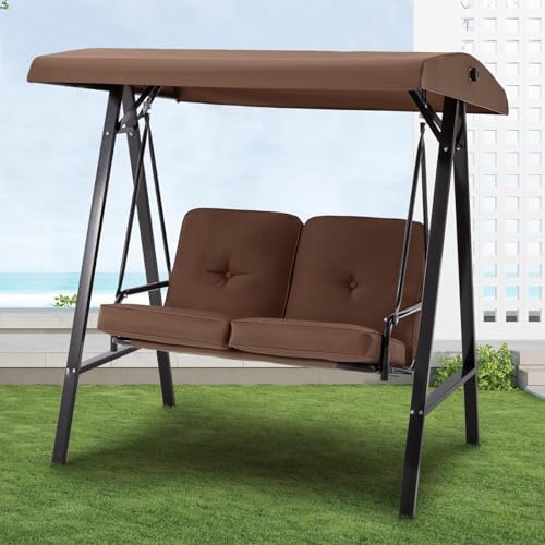UNIONLINE 2 Seater Garden Swing Chair, Outdoor Swing Chairs Thick Padded Seat with Adjustable Tilting Canopy, Hammock Chair Bench For Garden/Balcony/Terrace/Patio(Brown)