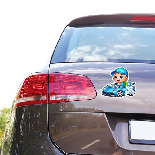 Image of Premium Baby On Board Signs, Car Essentials - Baby On Board Sticker - 1 Pack, 7 inch by 7 inch - Cute - Cartoon Safety Signs - Non Magnet - Durable Strong Adhesive (Blue Sport Car)
