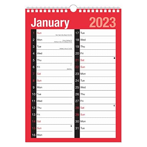 2023 Calendar A4 Large Month to View Spiral Bound Wall Planner Red and Black Calender for Home Business Office School 1 January 2023 to 31 December 2023 Cover