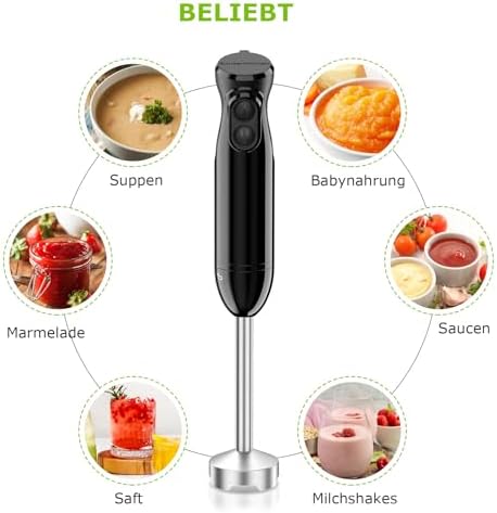 Bild 1 - Bonsenkitchen Pürierstab, Stabmixer Elektrischer, 1000W Pürierstab Edelstahl, 2 Geschwindigkeiten, für Babynahrung, Suppe, Smoothies, Püree, Sauce hand blender, Schwarz, HB3201