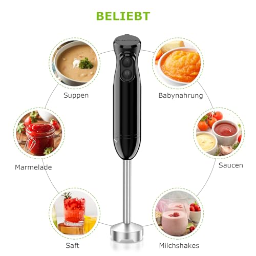 Bonsenkitchen Pürierstab, Stabmixer Elektrischer, 1000W Pürierstab Edelstahl, 2 Geschwindigkeiten, für Babynahrung, Suppe, Smoothies, Püree, Sauce hand blender, Schwarz, HB3201