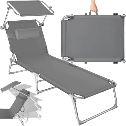 tectake® Sonnenliege mit Dach, Strandliege klappbar, leichte Gartenliege, Outdoor Liegestuhl mit Verstellbarer Rückenlehne, inkl. Kopfkissen - ideal für Balkon, Terrasse, Camping, Strand - grau tectake® Sonnenliege mit Dach, Strandliege klappbar, leichte Gartenliege, Outdoor Liegestuhl mit Verstellbarer Rückenlehne, inkl. Kopfkissen - ideal für Balkon, Terrasse, Camping, Strand - grau