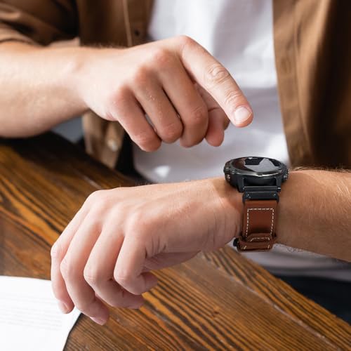 Image of ZPJPPLX 26mm Genuine Leather Quick fit Watch Band Compatible with Garmin Fenix 8 /quatix 51mm /Fenix 7X pro /7X /6X Pro /6X /5X Plus /5X /3 HR /3 /tactix 8 AMOLED-51mm /7 Pro /Enduro 3 2 /Descent Mk3i-51mm /Mk2i