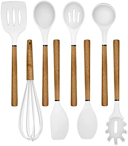 Country Kitchen 8 pc Non Stick Silicone Utensil Set with Rounded Wood Handles for Cooking and Baking - White