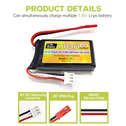 2PCS 7.4V Lipo Battery 2S 30C 1100mAh JST Plug Rechargeable Battery for WLtoys A949 A959 A969 A979 RC toy Car Compatible With Most 1/10,1/16,1/18,1/24 Ratio RC Cars Trucks, With USB Charging Cable