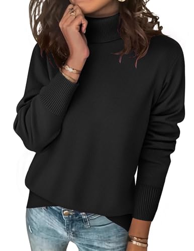 Zeagoo Women's Turtleneck Sweater Long Sleeve Spilt Hem Casual Knit Pullover Chunky Fall Winter Jumper Top 2025 Black