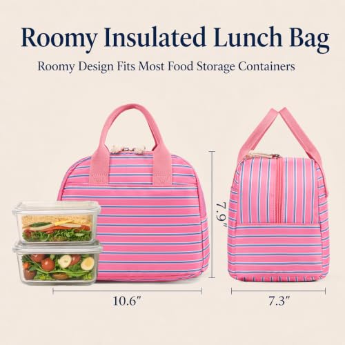 Image of LOVELYWIND Lunch Box for Women, Insulated Lunch Bag, Pink Striped Tote