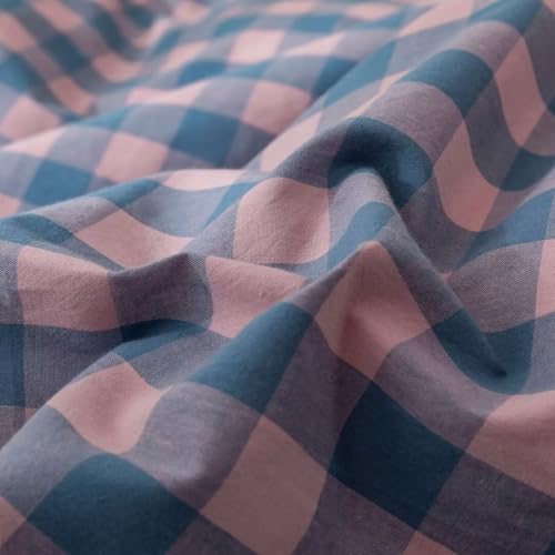 Image of MKXI Plaid Duvet Cover Queen Pink Plaids Floral Bedding Breathable Linen Like Textured Duvet Cover Set Natural Wrinkled Look Rustic Geometric Farmhouse Style Bedding for Girls Women