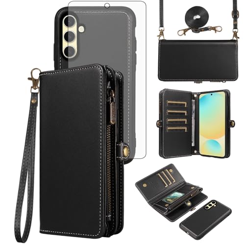 Étui portefeuille Samsung S24 FE anti-chute avec vitre en verre trempé
