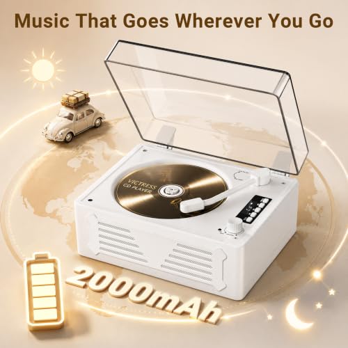 Image of Retro CD Player with Speakers Bluetooth in & Out White Wood Grain