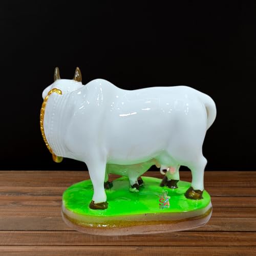 Image of Sai Amrut Handicraft Decorative Polystone Cow and Calf Big Statue /Idol for Gift Home Decor 8 inch (Marble 3 inch)