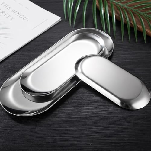 Gdfnmogo Vassoio ovale in acciaio inox con finitura a specchio, piatto multiuso per tè, frutta, cosmetici, gioielli, bagno o piano di lavoro della cucina (18 cm)