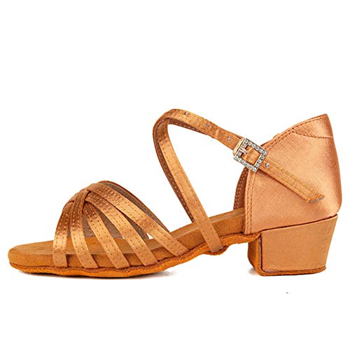 YKXLM Silk Fabric Brown Latin Dance Shoes for Girls Latin Ballroom Dance Shoes Girls with Diamond Buckle,Model US-TL-LP1202-ZSZK, 6.5 M Little Kid