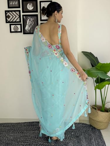 Image of AKHILAM Women's Multicolor Georgette Embroidered Saree with Unstitched Blouse Piece(KESARI7801 KR Parent)
