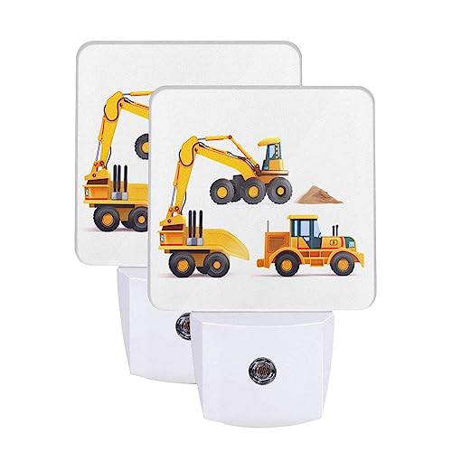Image of Machinery Excavator Truck and Loader LED Plug-in Night Lamp 2 Piece Set, Auto Sensor Cartoon Boy's Toy Nightlights Set of 2 for Bedroom Bathroom