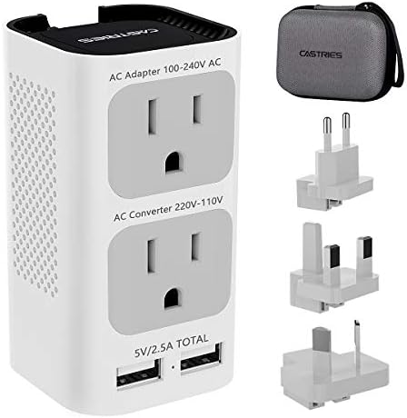 Castries Voltage Converter Travel Adapter Combo, 2020 Upgraded Travel Converter Power Step Down 220V to 110V with 2 USB Port and EU/UK/AU/US Plug International Power Adapter for Over 200 Countries