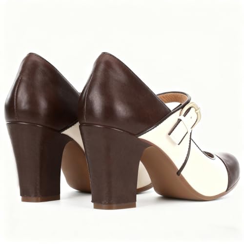 Image of SHODENSE Women Vintage Chunky High Heel Mary Jane Shoes Round Closed Toe Ankle Strap Dress Sandals 3 inch Block Heels Mary Jane Lolita Pumps Two-Toned Patchwork Buckle Office Lady Wedding Retro 4-11 M US