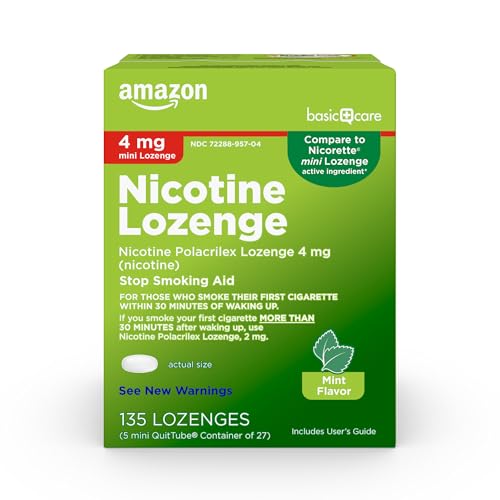 Image of Amazon Basic Care Mini Nicotine Polacrilex Lozenge, 4 mg, Mint Flavor, Stop Smoking Aid, Reduces Withdrawal Symptoms, Smoking Cessation, 135 Count