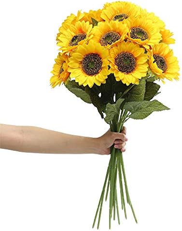 Laelfe 6PCS Artificial Sunflower Flowers Long Stem Silk Fake Sunflowers Decoration for Outdoor Home Wedding Birthday Party Single Bulk Yellow Decor(Dark Center)