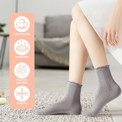 8 Pcs Ruffle Mesh Crew Socks for Women, Breathable Knit Pattern Frilly Socks (US 5-9)3
