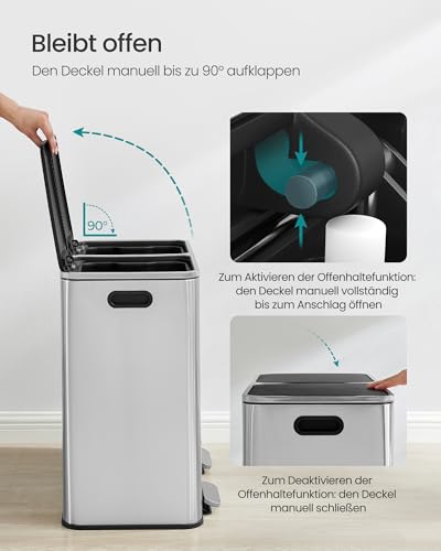 SONGMICS Mülleimer, 2 x 40 Liter, 2 Fächer, Mülltrennsystem, Treteimer, Abfalleimer Küche, 15 Müllsäcke, Metall, Inneneimer aus Kunststoff, Klappdeckel, Softclose, silbern-schwarz LTB730E80