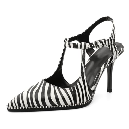 Image of SAMMITOP Womens High Heels Ankle Strap Pointed Toe Stilettos Patent Leather Beaded Pumps Dress Shoes 3.5 Inch