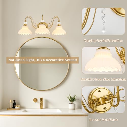 Image of Vintage Bathroom Vanity Light, 3-Light Brushed Gold Finish Wall Sconce with Hanging Crystal Accents and Flower-Shaped White Glass Shades, Retro Wall Mount Vanity Light Over Mirror for Bathroom