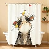 AURISSE Duschvorhang mit süßen Kuh- und Vogel-Motiven im Farmhaus-Stil, 180x180 cm – Aus hochwertigem Polyester, wasserdicht, schnelltrocknend & maschinenwaschbar, inkl. 12 Haken