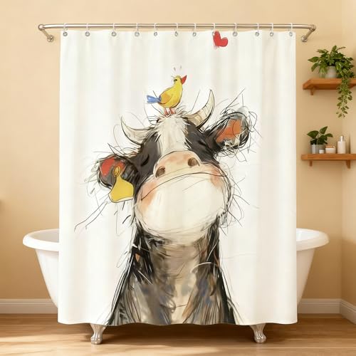 AURISSE Duschvorhang mit süßen Kuh- und Vogel-Motiven im Farmhaus-Stil, 180x180 cm – Aus hochwertigem Polyester, wasserdicht, schnelltrocknend & maschinenwaschbar, inkl. 12 Haken