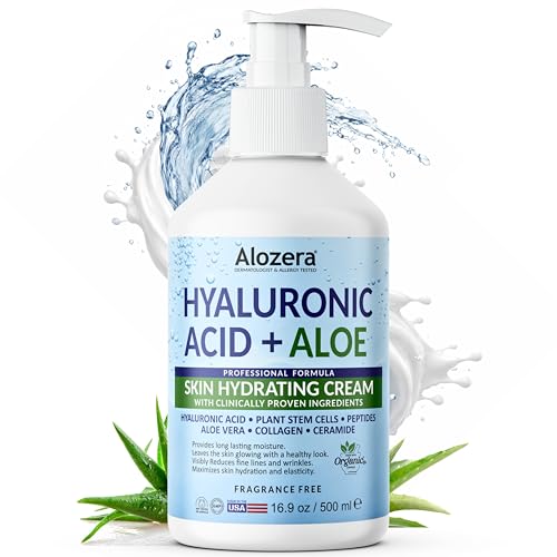 Alozera Hyaluronic Acid Face & Body Lotion with Aloe Vera, Daily Moisturizing Lotion for Dry Skin Hydration & Refresh, Non-Greasy, Lightweight, Fragrance-Free Moisturizer, 16.9 oz