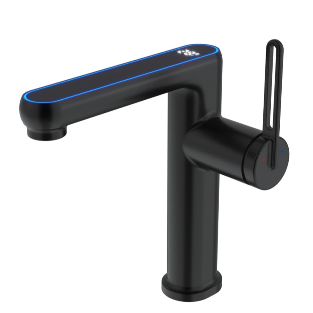 Mitigeur lavabo noir LED avec affichage température pour salle de bain monotrou