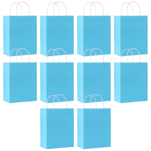 SHUBEIEUMI Paquete de 10 Bolsas de Regalo, Bolsas de Papel Kraft con Asas, 21 x 15 x 8 cm, Reutilizables Bolsas de Regalo para Embalaje Fiestas de Cumpleaños Bodas-Azul Claro
