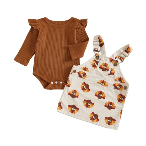 Karuedoo Infant Toddler Baby Girl Thanksgiving Outfit Long Sleeve Ribbed Knit Romper Turkey Overall Dress Suspender Skirt Set