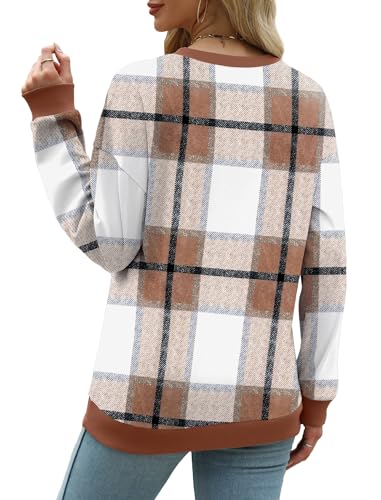 Saloogoe Sweaters for Women Fall Outfits 2025 Fashion Clothing Long Sleeve Tops Cute Old Money Clothes Plaid Shirts Brown L4