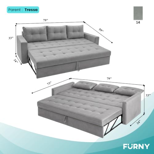 Image of FURNY Tressa 3 Seater Fabric Pull-Out Sofa Cum Bed Function (Light Gray) | Luxury Velvet Suede Finish | Durable Comfort Sofa Bed for Modern Living Room & Office Spaces