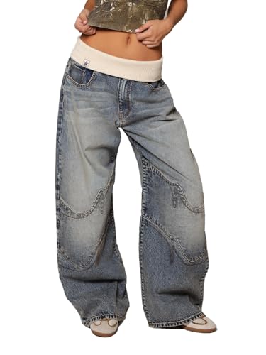 SCOFEEL Women Baggy Jeans Low Rise Button Down Wide Leg Trendy Washed Boyfriend Denim Pants