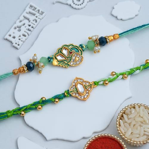 Image of eCraftIndia Peacock Floral Designer Rakhi Set of 2 | Rakhi for Brother Bhaiya Bhai with Best Bro Ever Fridge Magnet | Roli Chawal Pack