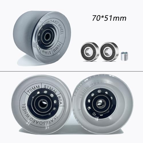 LOOEEL 70mm Longboard Wheels 80A Contains ABEC-9 Bearings and Spacers,Skateboard Riser Pads,Skateboard Hardware Screws Bolts,fit for Your Longboard Skateboards.-Transparent Frosted