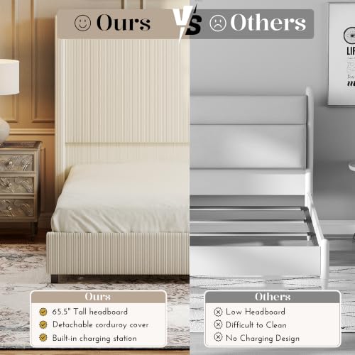 Ihanherry Queen Size 65" Tall Headboard Bed Frame with Charging Station, Upholstered Wingback Headboard with Washable Corduroy Cover, Noise Free, Solid Wood Slats & Legs, No Box Spring Needed, Beige - image 6